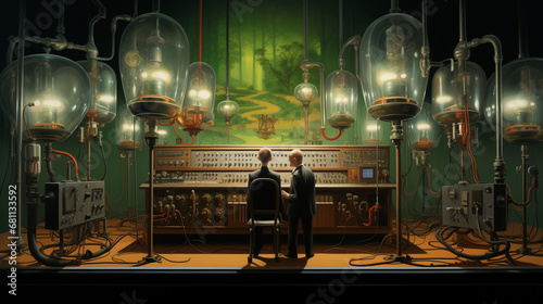 two scientists at a calculating machine running on huge radio tubes.