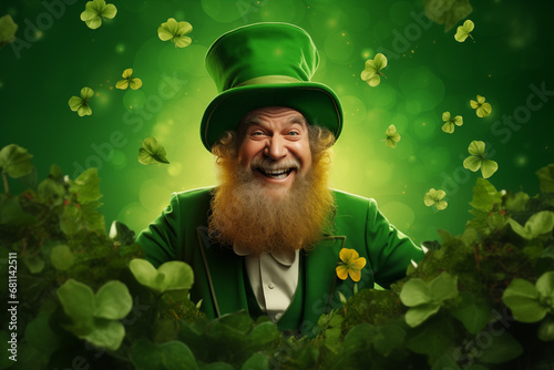 funny smiling old irish leprechaun with flying four leaf clover on green background. ireland culture saint patricks day party concept