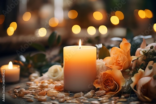 Burning candle and flowers on table in spa salon, closeup