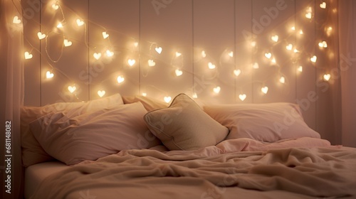 A bedroom with soft, romantic lighting and heart-shaped fairy lights draped over the headboard.