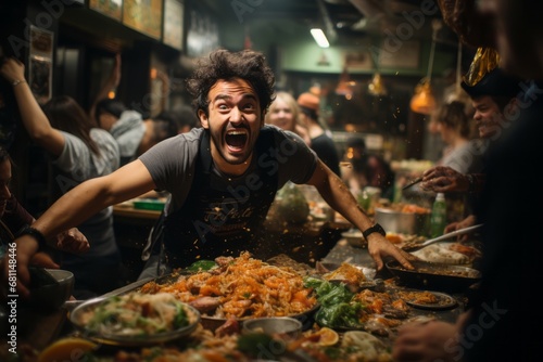 A hilarious scene in a crowded restaurant where chaos ensues as dishes crash and characters scramble to keep order