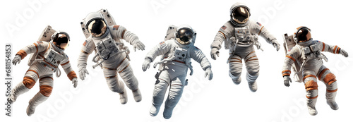 collection of various astronauts or spaceman floating isolated on white background. space man universe exploration set