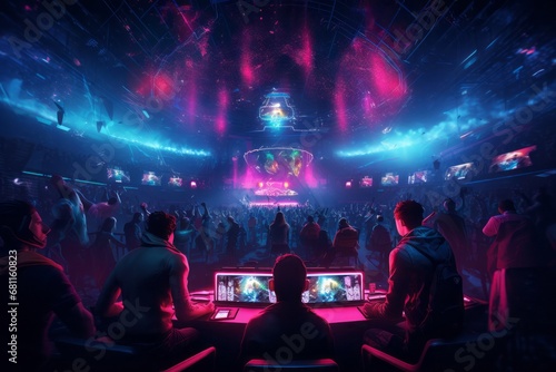 Electric atmosphere of a gaming arena, with players in intense competition under the spotlight, and fans cheering them on