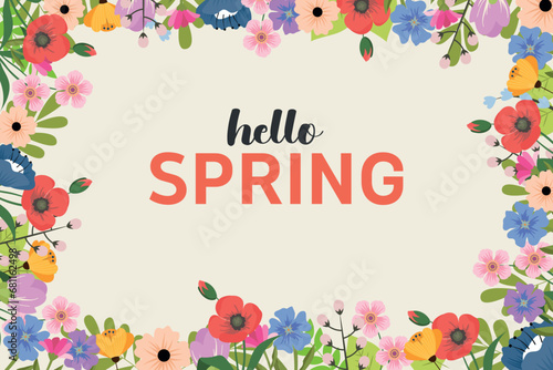 Spring abstract background, banner, poster with spring flowers and leaves. Spring leaves. Modern trendy colorful design. Template for advertising, web, social media.