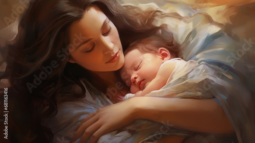 A loving mother is sleeping with her beloved baby in her arms, illustration of loving mom carrying her new born baby.