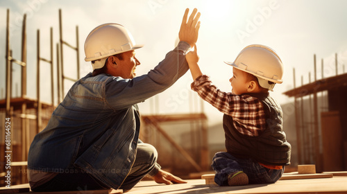 Smiling child in a hard hat is giving a high-five to his father in construction gear, symbolizing a moment of joy and bonding.