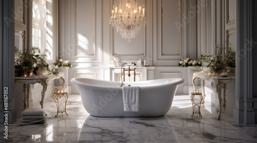 A chic bathroom with marble floors and a freestanding tub and illuminated by a crystal chandelier