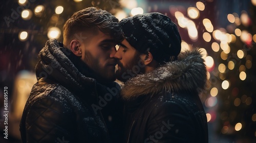 An embracing kissing gay LGBT couple celebrates the holiday of Christmas Night, Valentine's Day. LGBTQ couple smiling, hugging