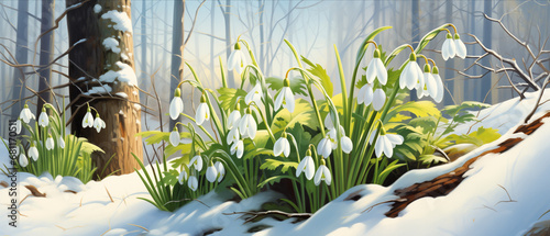 Snowdrop clusters piercing through snow in a sunlit forest