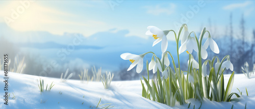 Snowdrops flourishing on a snowy hill with soft daylight and misty mountains