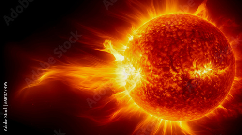 Intense solar flare eruption from a vibrant sun, cosmic background. 