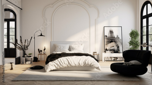 a bedroom with a white wall and a black bed and a armchair
