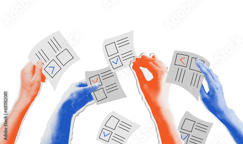 The election voting process, bidding, hands raised up with papers. Sale and buy concept in retro collage halftone style. Isolated vector illustration.