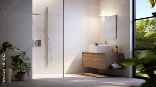 a bathroom with a white tile wall and a tile floor and a white sink and a white shower and a glass shower door