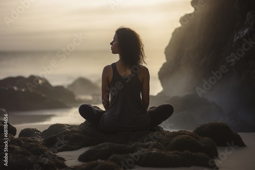 Seated on a coastal rock, a woman practices mindful breathing—cultivating mental well-being with the breathwork concept by the calming seashore