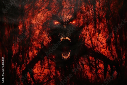 a scary zombie is burning in hell