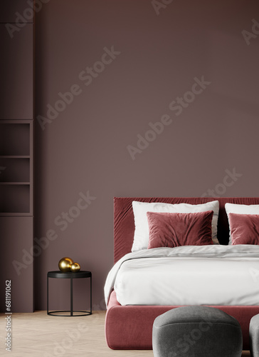 Deep dark master bedroom with big burgundy red bed. Mix colors - maroon, black, grey and brown. Empty painted accent wall. Luxury room design home or hotel. 3d rendering