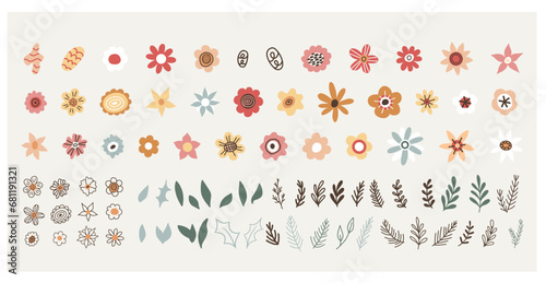 Flower collection with leaves, flower bouquets. Vector flowers. Spring art print with botanical elements in hand drawn style
