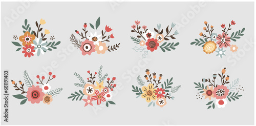Flower collection with leaves, flower bouquets. Vector flowers. Spring art print with botanical elements in hand drawn style