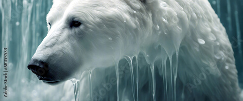 Eisbär, dem Wasser aus dem Fell läuft. Konzept: Aussterben von Tierarten. schmelzendes Eis in Folge globaler Erwärmung, Verlust des Lebensraumes