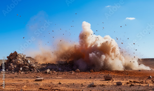 Dust storm and flying rock after detonator blasting on the mining site