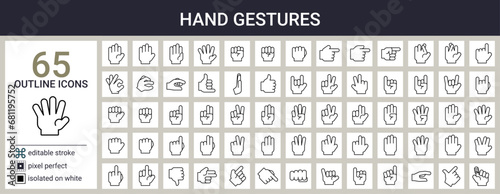 Gestures and hand signs icon set in outline style