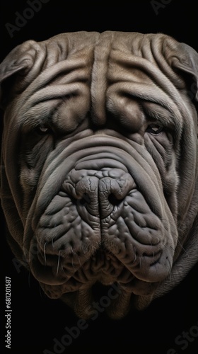 A Shar Pei, portrayed in a portrait, exudes a sense of wisdom with its wrinkled coat, a compact bui