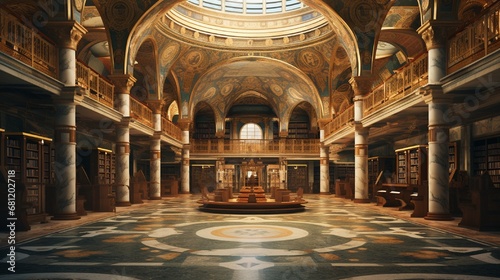 A Byzantine library with mosaic floors and domed ceilings.