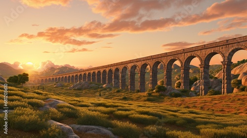 A historical aqueduct amidst rolling hills at the golden hour.
