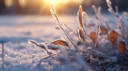 Winter season outdoors landscape, frozen plants in nature on the ground covered with ice and snow, under the morning sun. Seasonal background for Christmas wishes and greeting card