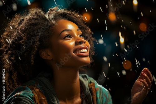 Young African woman playfully throwing stars in night sky.