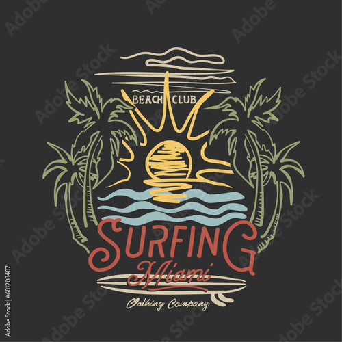 Surfing Miami Beach art vector T-shirt graphic, Long beach, summer vibes hand draw, summer beach slogan with beach illustration, Hawaii, Aloha surf typography for t-shirt print , beach vector print,
