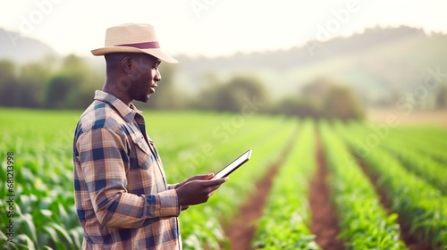 African farmer checking crops analyzing data on a tablet. Sustainable agriculture practices technology environmental protection concept