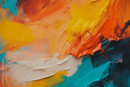 Abstract acrylic paint smears in vibrant orange, yellow, blue, and white hues create a dynamic and colorful texture.