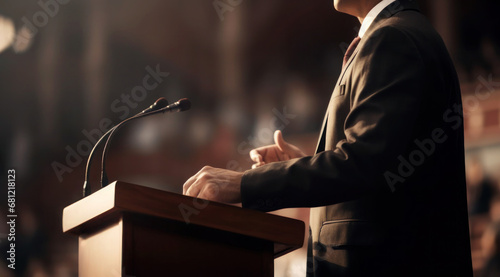 Politician speaks to an audience from the podium. Diplomatic speech, debate, political activity