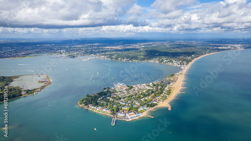 amazing aerial panorama view of Sandbanks Beach and Cubs Beach in Bournemouth, Poole and Dorset, England.