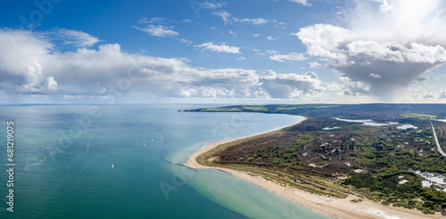 amazing aerial panorama view of Studland and Godlingston Heath National Nature Reserve in Bournemouth, Poole and Dorset