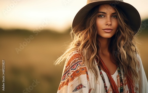 Portrait of a beautiful young boho woman in a field