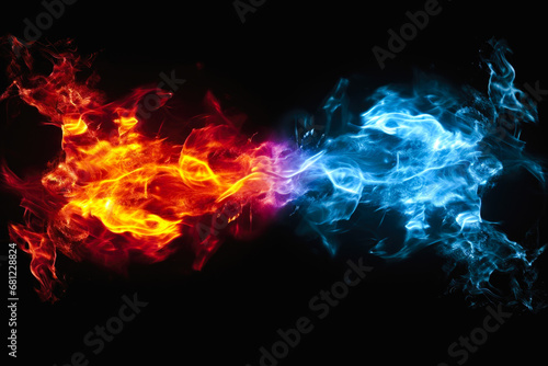 Magic power fire and ice, lights effects, isolated, black background, magical, sorcery
