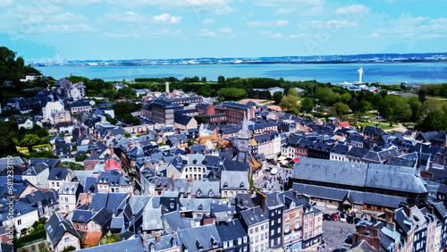 Drone panorama of Honfleur town with lghthouse on entrance of bay , Seine river and Rouen cove