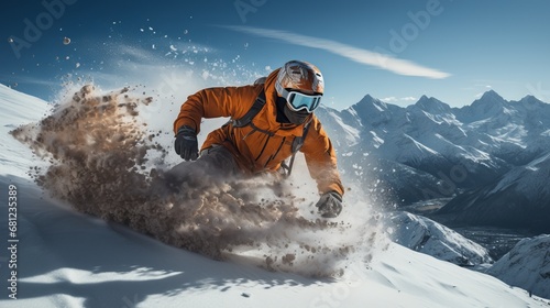 Snowboarders energetically descending the slope, kicking up swirls of snow on a clear sunny day. Concept: Skiing, family vacation in snow-capped mountains, winter resort on an alpine slope