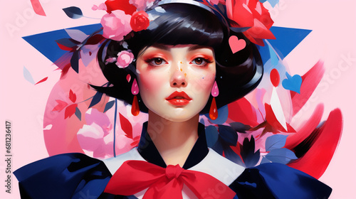 Illustration d'une femme. Style manga, japonais. Couleurs rose, bleu, rouge. Féminin, art, visage, mode. Pour conception et création graphique.