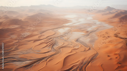 Vast desert landscape with dune patterns, bird's-eye view