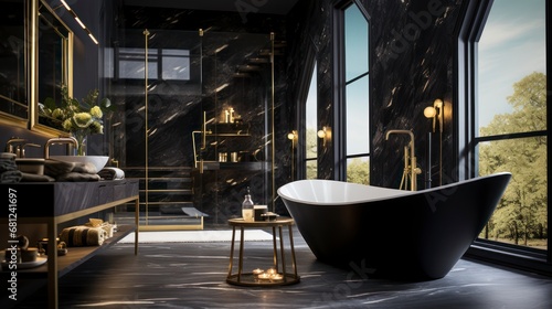 Sumptuous Shine - The Refined Opulence of Gold Accents in a Chic and Sophisticated Bathroom Setting. Generative AI