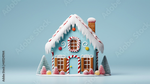 Gingerbread christmas house with colorful candy isolated on light blue background, copy space