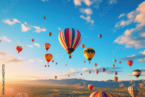 A hot air balloon festival with vibrant balloons taking flight on Australia Day. Concept of aerial displays and excitement. Generative Ai.