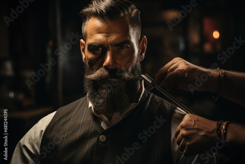 A barber using a straight razor to create a precise and symmetrical beard line. Concept of facial hair maintenance and symmetry. Generative Ai.