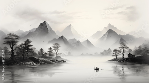 Ink painting in traditional Chinese, Japanese style with a boat on the river and mountains in the background