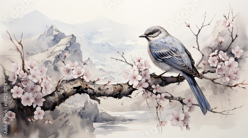 Watercolor painting of a bird on a branch of a blossoming tree