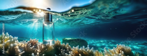 Moisturizing serum in a transparent bottle for cosmetics in translucent water blue background with waves and ripples near green medical algae.